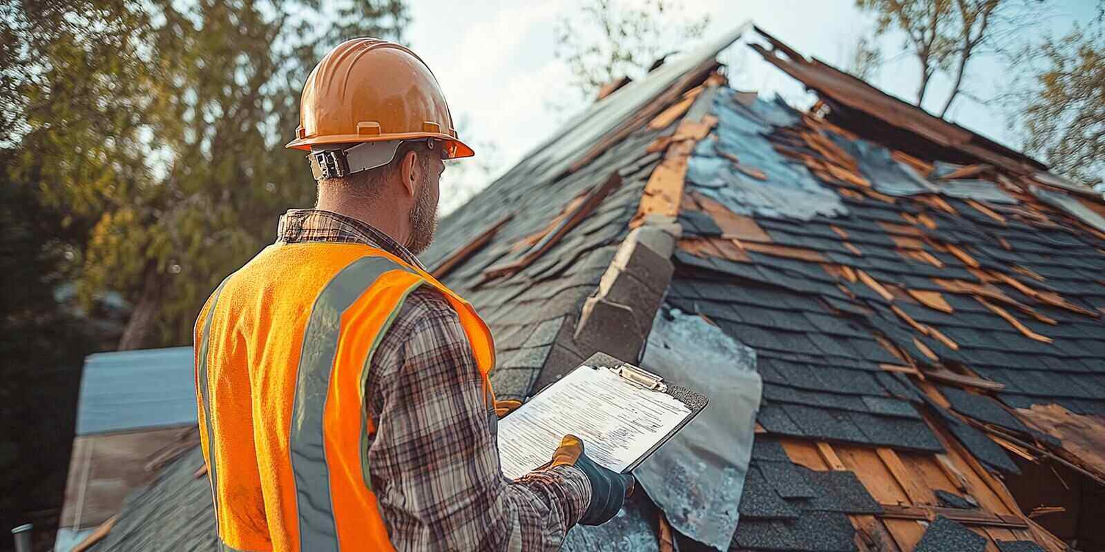 MD insurance restoration contractor inspecting roof damage from a storm for insurance purposes