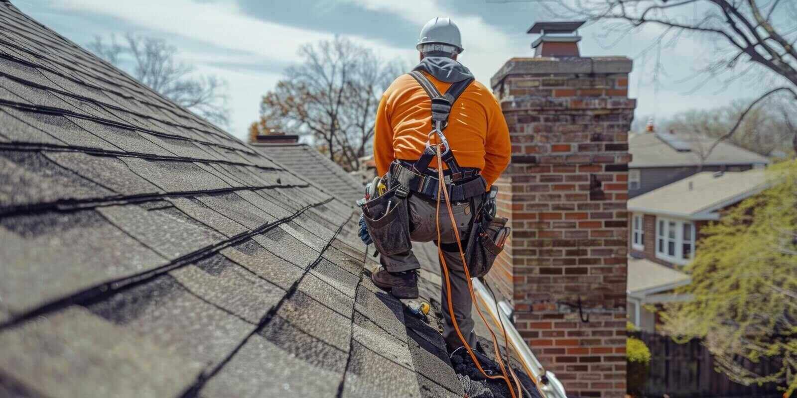 roofer in safety gear works on a residential roof with a brick chimney under insurance restoration services