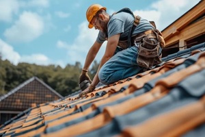 Northern VA roof replacement worker on roof