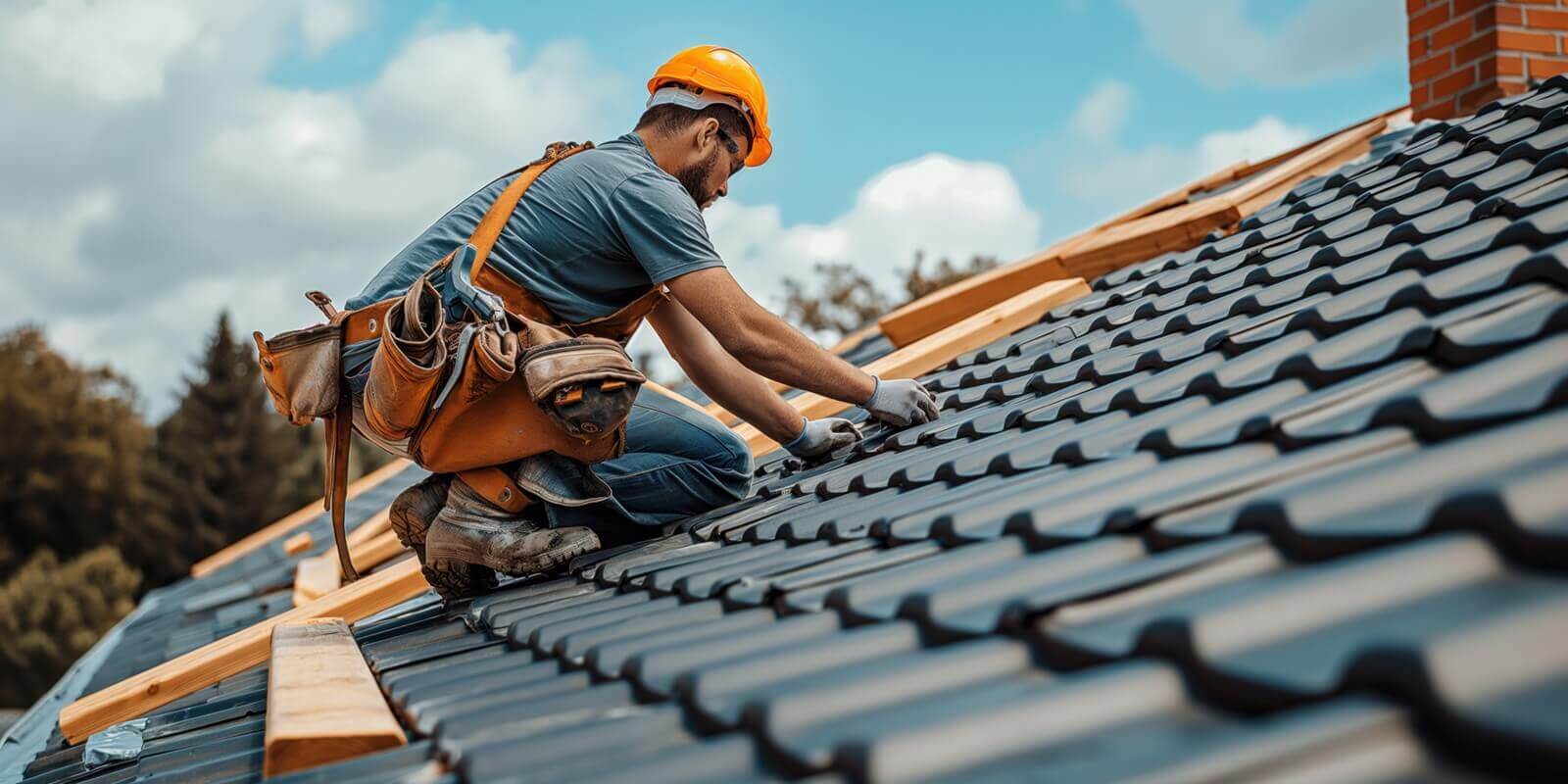 roof replacement worker on Northern Virginia home room placing grey shingles