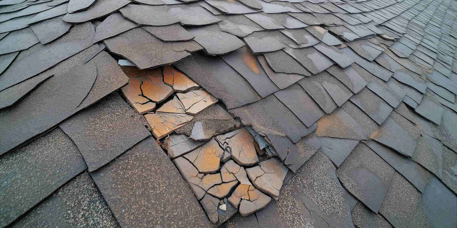 close-up of damaged asphalt roof shingles showing signs of significant wear and deterioration in Northern VA