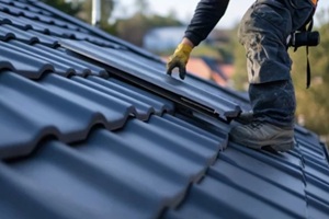 roofing worker replacing tiles on a slanted roof