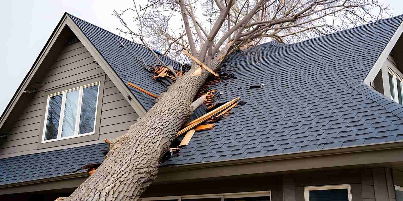 large tree branch collapsed on Northern VA residential roof during severe weather