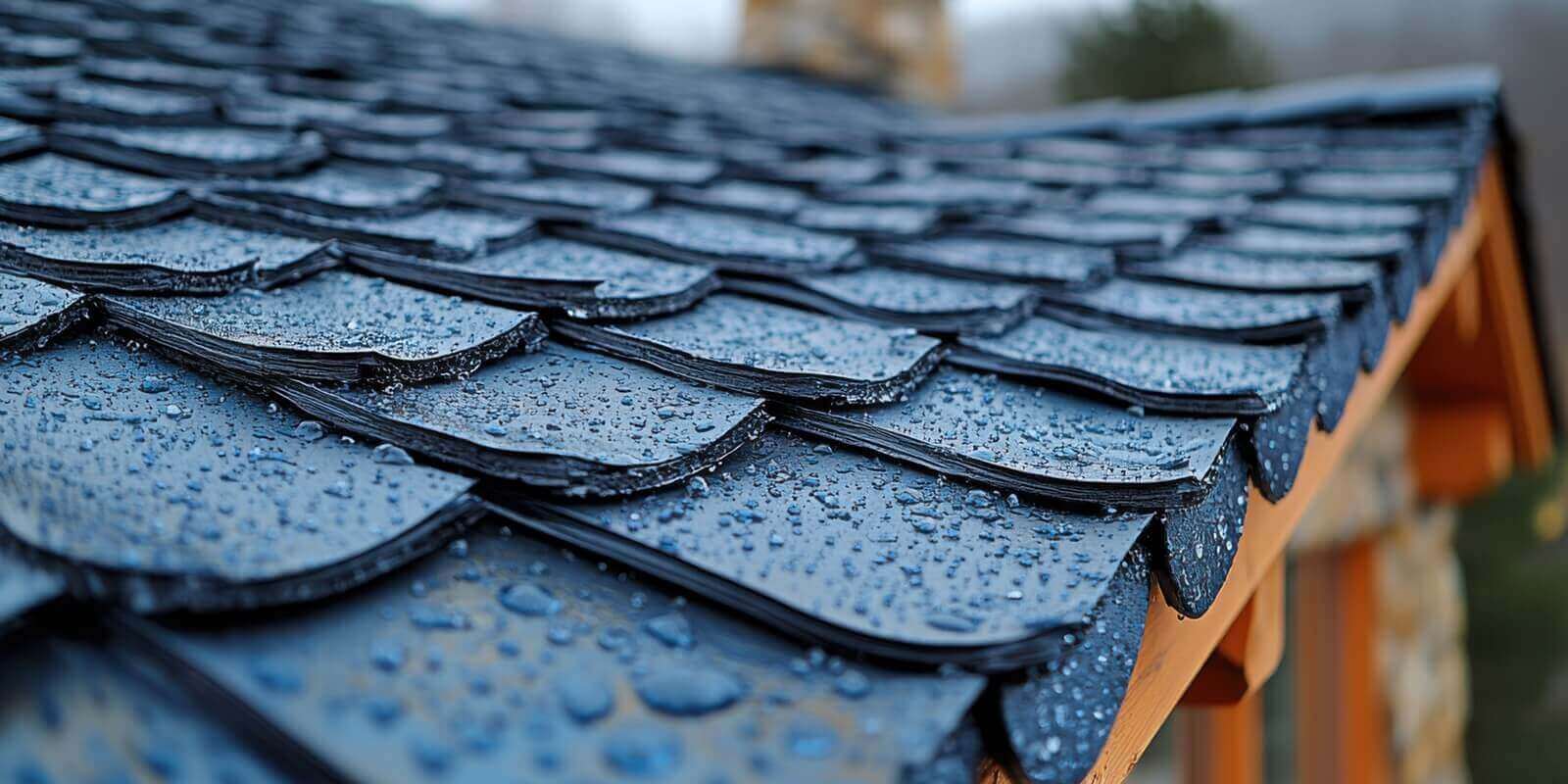 the roof of a house is covered in raindrops, giving it a wet