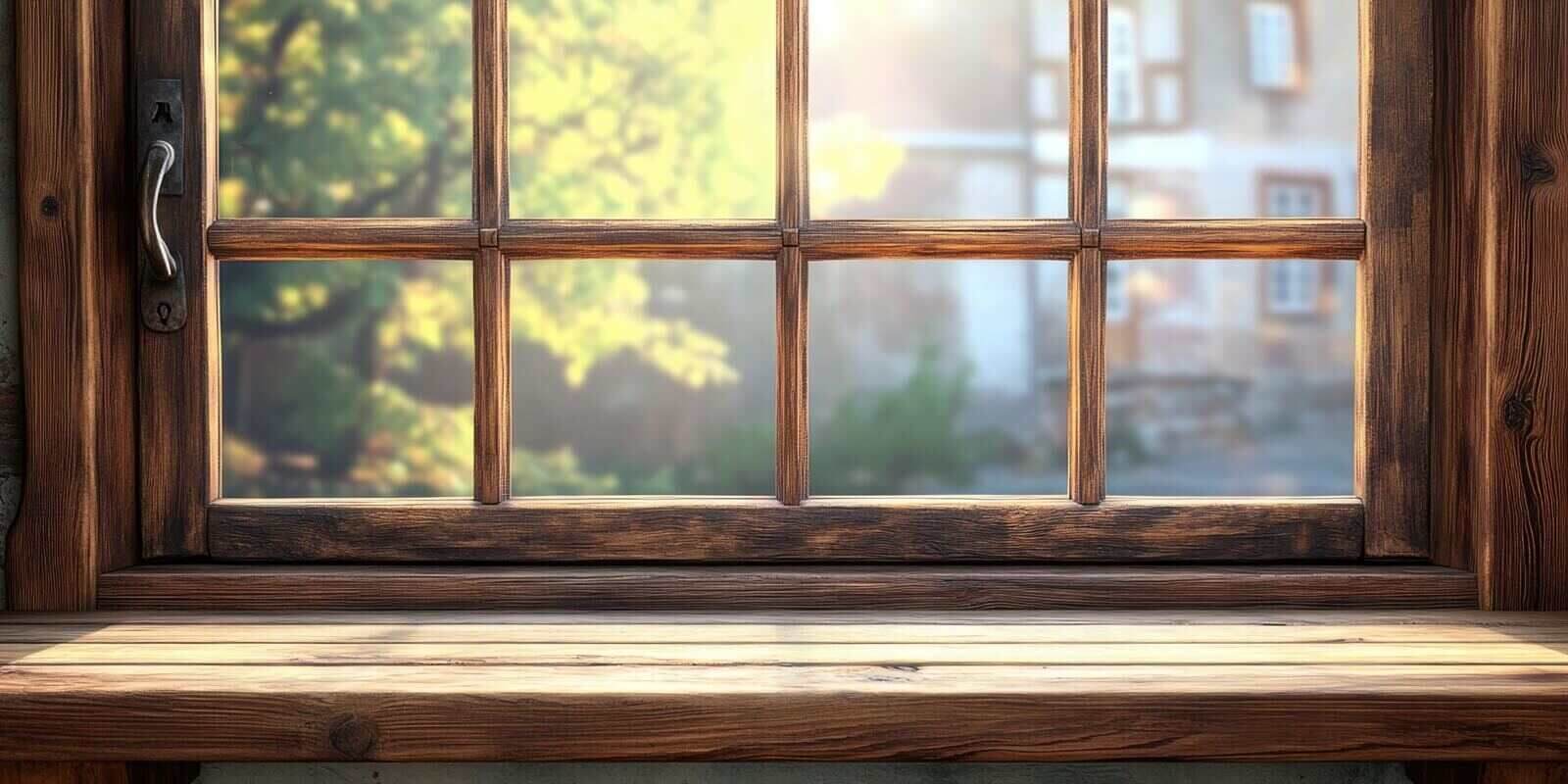 wooden window frame and sill background Vintage closed window featuring a blurred glass pane traditional handle and an unoccupied wooden table