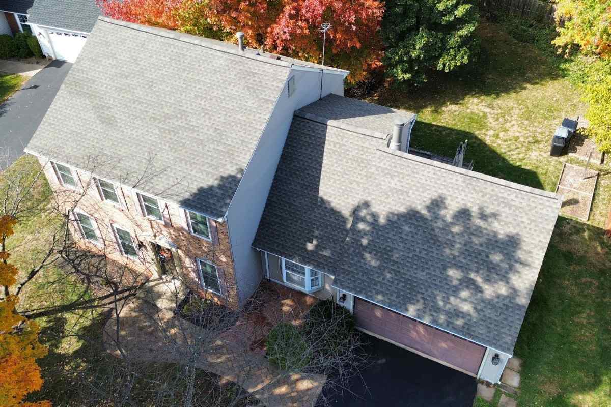 Rockville MD roof replacement project complete aerial in fall