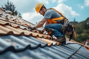 a roofer working on the roof repair of a home