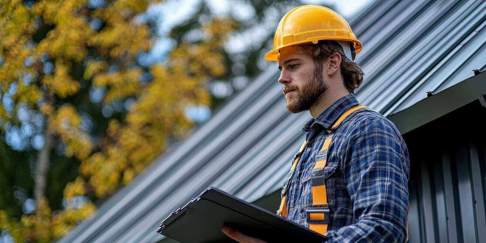 Northern VA roof replacement contractor building roof with clipboard under autumn trees
