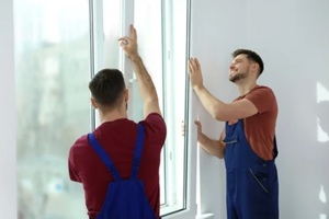 construction workers installing plastic window in house