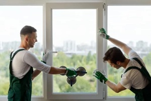 men mounting a window section