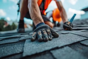 roofer worker in special protective work wear and gloves