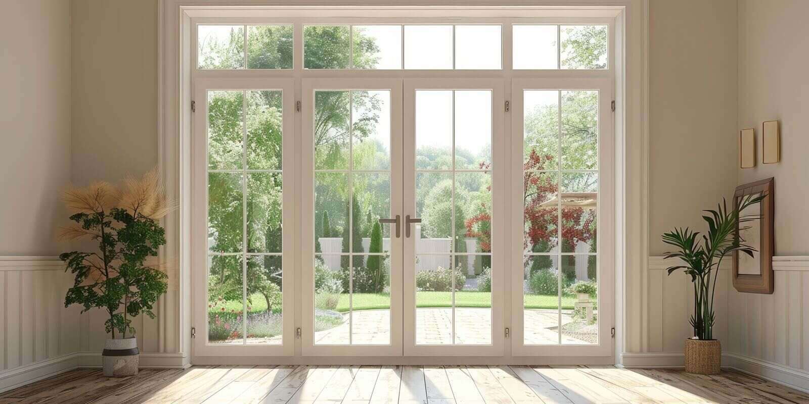double patio french doors with windows exiting to sunny backyard in Maryland