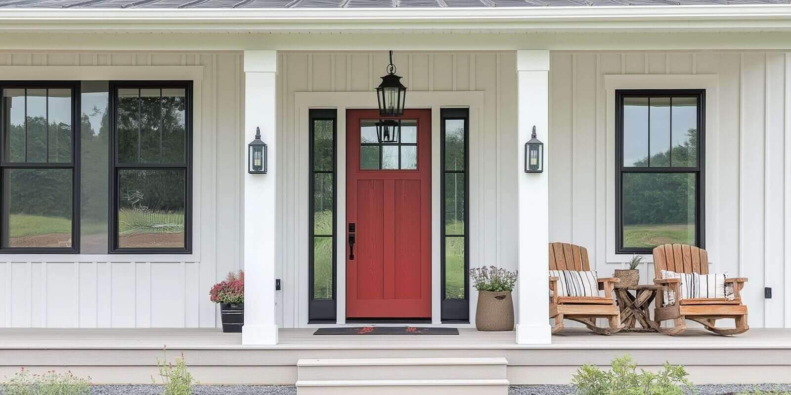 front door detail of a white modern farmhouse in Northern VA with a red front door, black light fixtures, and a covered porch with white pillars