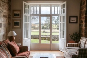 rustic living room with French doors opening to a scenic garden view