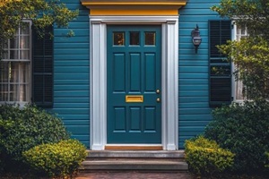teal house with white trim and a teal door with yellow accents and green bushes and a brick walkway