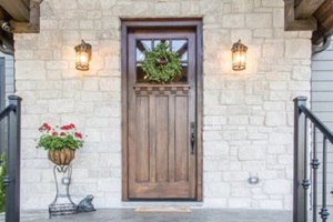 wooden front door on Northern VA suburban home