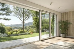 bright airy room showcases a sliding glass door installation emphasizing the contrast between the unfinished edges