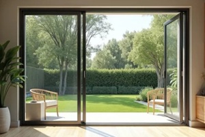 modern home interior with large sliding glass door. View of green lawn, trees
