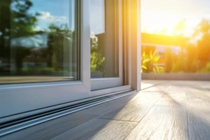 modern sliding patio doors leading to a sunny backyard