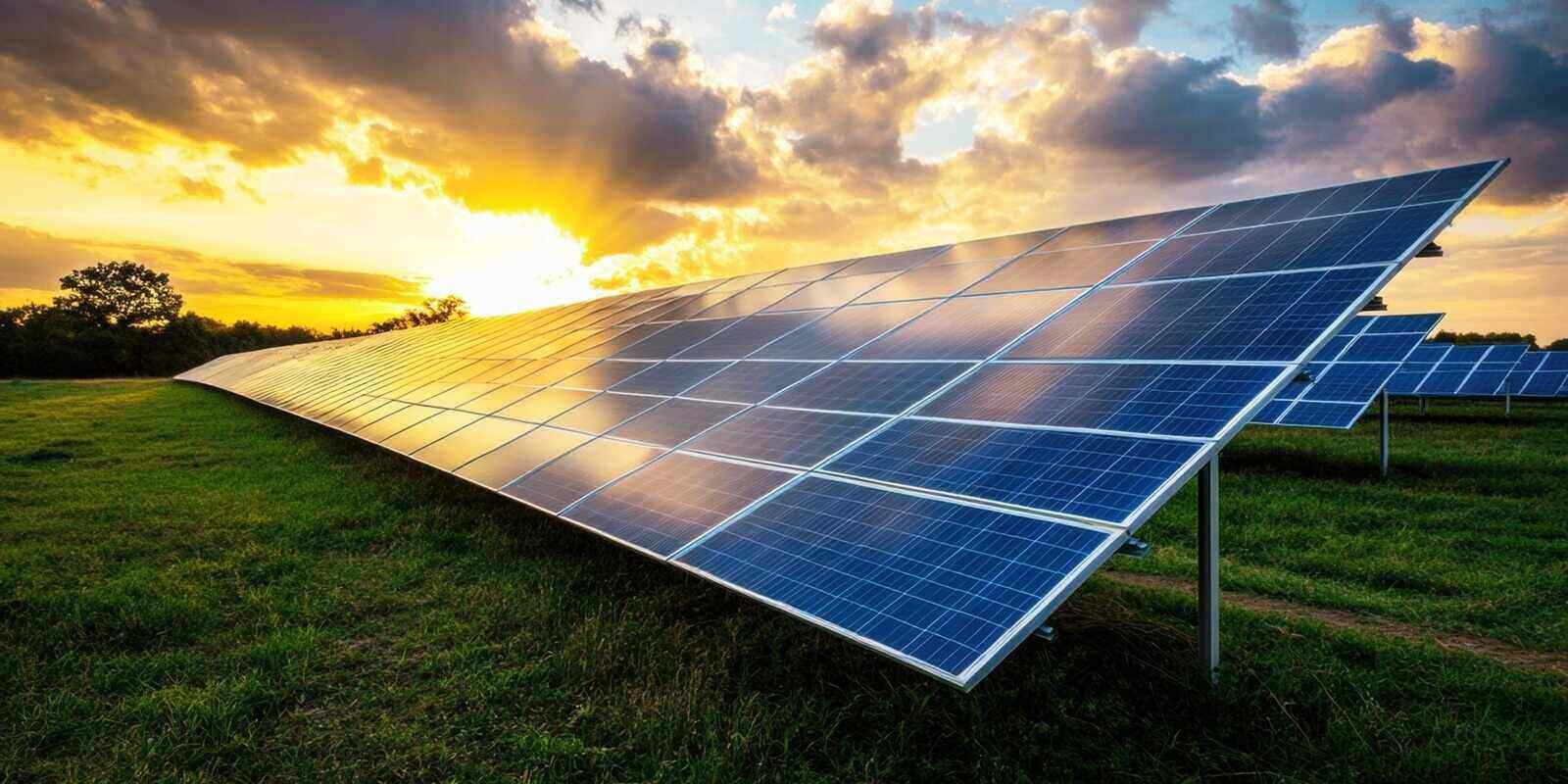 sunset over solar panels in a green field near the horizon in Northern VA