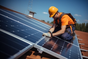 Worker Installing Solar Panel on House Roof
